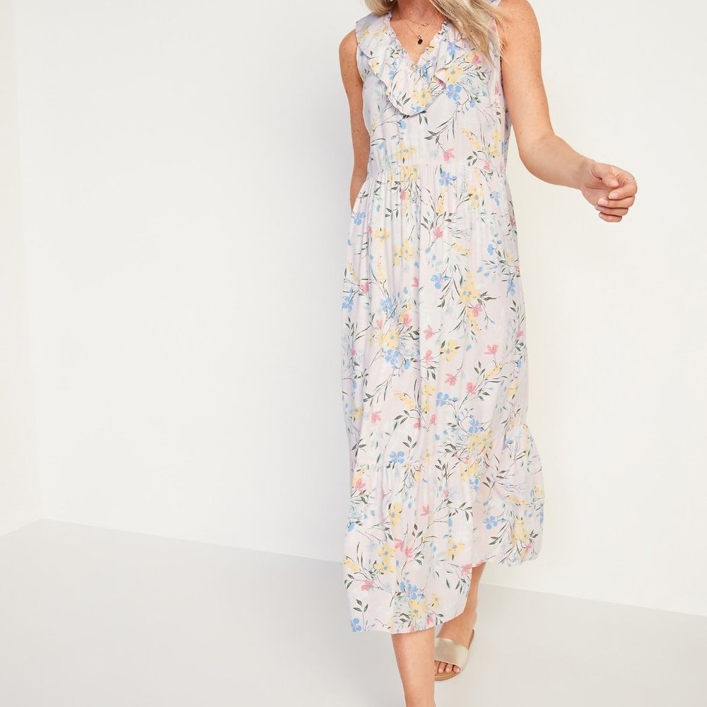 Old navy pastel floral sleeveless ruffle midi dress small tall